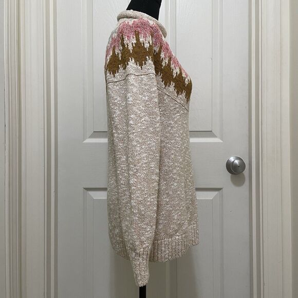 LL Bean Cotton Ragg Nordic Fair Isle Funnel Neck Pullover Knit Sweater Small - Picture 2 of 7
